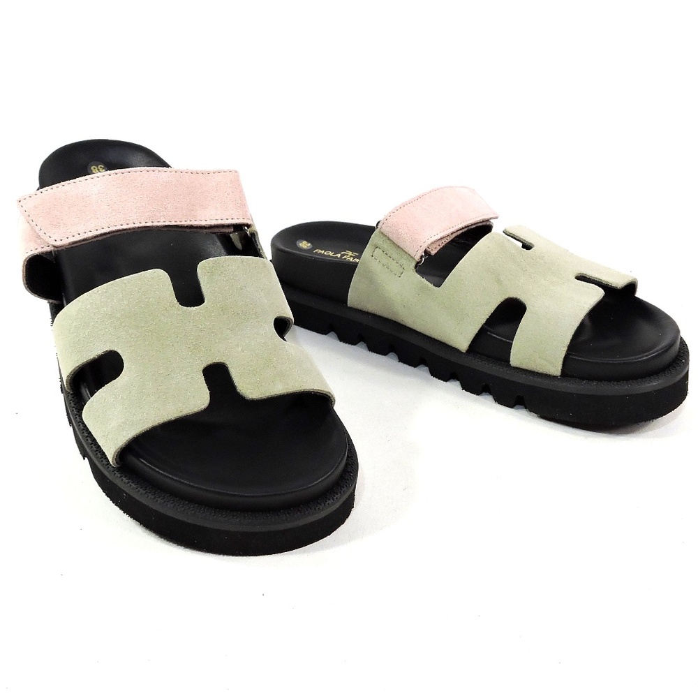 PAOLA FABIANI 🇮🇹 WOMEN'S GREEN SUEDE COMFORT SUMMER FLAT SANDALS